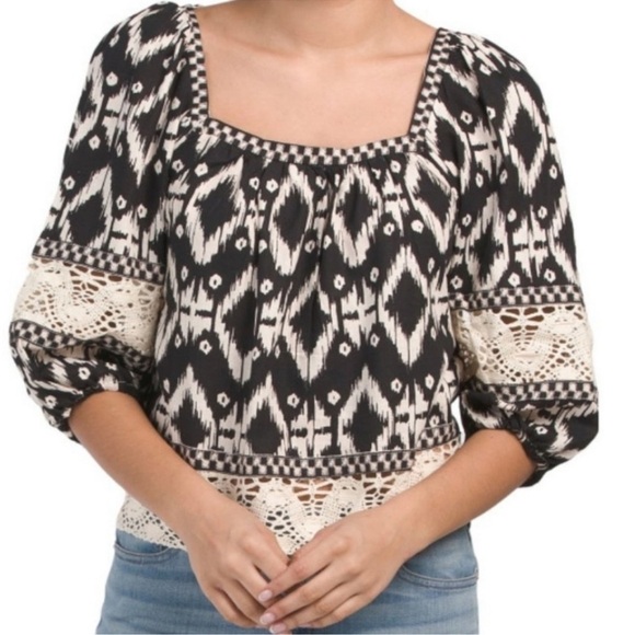 Christian Siriano Boho Linen Blend Crochet Trim Top Sz S - Picture 9 of 10